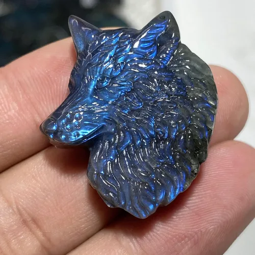 Vista 9 de TEAMWILL Cristal de labradorita natural de cuarzo tallado a mano cabeza de lobo Reiki cristal curativo magnífico escultura de piedra estatua estatua