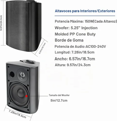 Vista 5 de STUDIOFINIX Altavoces Bluetooth para interiores y exteriores de 5.25 pulgadas, 600 vatios, sistema de montaje en pared con cable para todo