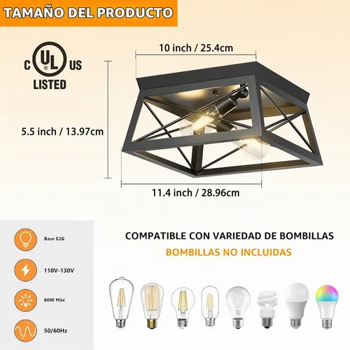 Vista 2 de Pynsseu - Lámpara de techo de estilo industrial, 2 focos, lámpara de techo para cocina, para isla, comedor, dormitorio, vestíbulo, pasillo, 1