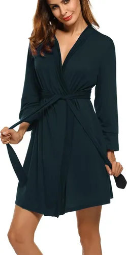Vista 10 de HOTOUCH - Bata ligera de punto corta para mujer, bata de baño suave con bolsillos, ropa de dormir para damas