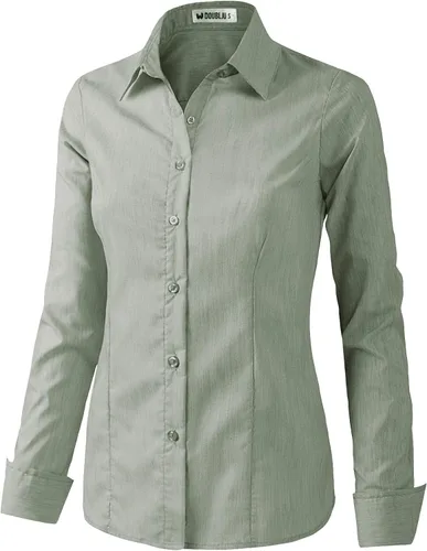 Vista 3 de Doublju - Camisas para mujer elásticas de ajuste entallado de algodón con botones talla grande