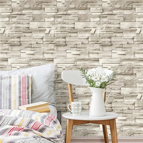Vista 9 de Jeweluck Papel tapiz de piedra para despegar y pegar, papel tapiz de ladrillo de 17.7 x 118.1 pulgadas, papel de contacto de ladrillo para despegar