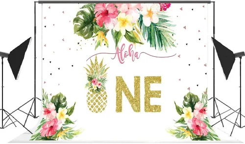Vista 4 de Lofaris Fondo de fiesta de verano con diseño floral tropical hawaiano de piña, piña, decoración de fiesta de cumpleaños para niños, 7 x 5 pies