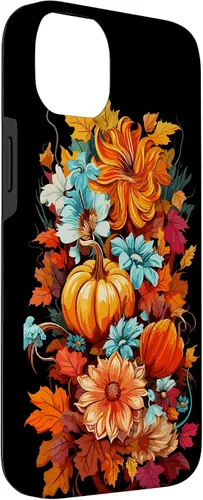 Vista 3 de iPhone 14 Plus otoño cosecha hojas flores otoño calabaza colorido jardín caso