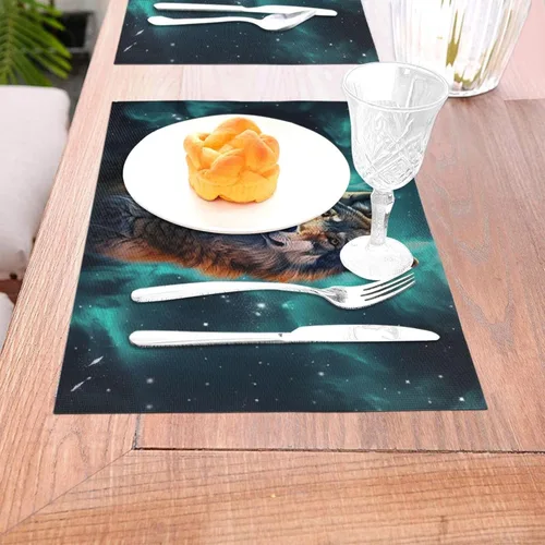 Vista 3 de 6 PCS PVC Placemats Set Place Mats A Wolf Stands in Front of The Starry Sky Non-Slip Weave Place Mats 12" x 18" Farmhouse Table Mat Set for Family