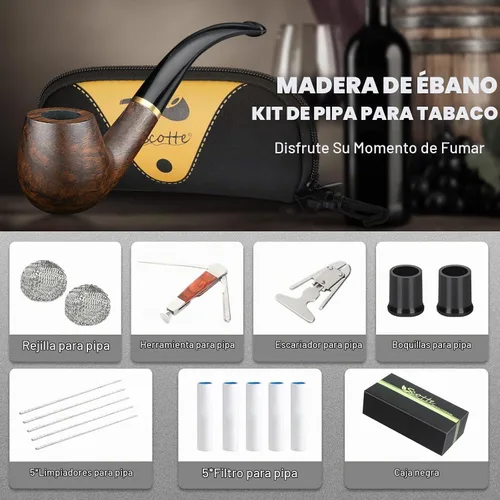 Vista 3 de Scotte pipa para fumar tabaco de madera de ébano lobular, pipa para tabaco, elemento filtro de 9 mm