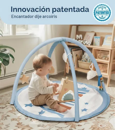 Vista 3 de Little Dove Tapete de gimnasio para bebé, tapete de actividad para el tiempo boca abajo con 7 juguetes desmontables y 12 tarjetas de hitos