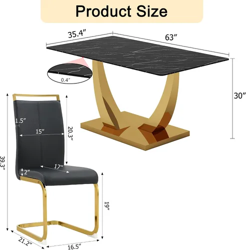 Vista 2 de Juego de mesa de comedor de 63 pulgadas para 4, juego de mesa de comedor dorado moderno para 4, juego de mesa de cocina de mármol sintético