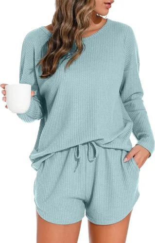 Vista 8 de PrinStory Conjunto de pijama para mujer, de punto gofre, tallas S-4XL Negro