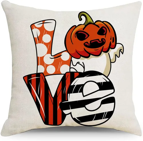 Vista 4 de MOJUN Juego de 4 fundas de almohada de Halloween de 18 x 18 pulgadas, fundas de almohada decorativas para sofá, sillón, casa rural, fiesta de Fundas