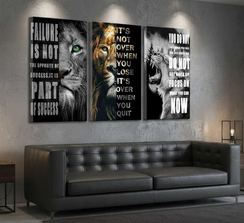 Vista 4 de 3 Piezas de Arte de Pared Inspirador para Oficina, Lienzo Moderno con Citas Motivacionales, Imágenes en Blanco y Negro de León, Decoración de Pared