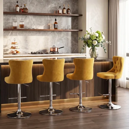 Vista 310 de SoarFlash Juego de 2 taburetes de bar tapizados de terciopelo moderno con patas de madera, botones acolchados, cabeza de clavo cromada, asiento
