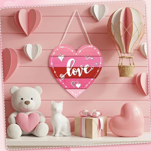 Vista 3 de Jetec Letrero de puerta para el día de San Valentín de doble cara con corazón de feliz día de San Valentín, búfalo a cuadros rústicos de casa
