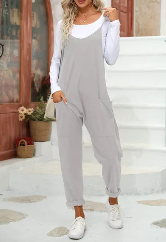Vista 3 de Fisoew Overol de verano para mujer, sin mangas, holgado, casual, cuello en V, tirantes delgados, pantalones largos, overoles holgados con bolsillos