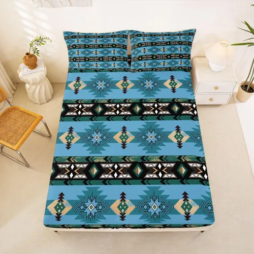 Vista 53 de Juego de ropa de cama de estilo bohemio occidental, tamaño individual, diseño de vaca atrapasueños, sábana bajera ajustable del suroeste, tribu