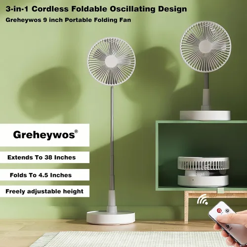 Vista 2 de Ventilador oscilante plegable recargable de 9 pulgadas, 7200 mAh, funciona con pilas, ventilador pequeño con control remoto, ventiladores