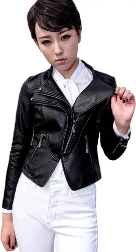 Vista 15 de chouyatou Chaqueta acolchada de piel sintética con cremallera a la moda para mujer