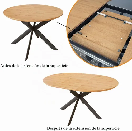 Vista 3 de HIPIHOM Juego de mesa de comedor extensible redonda de 43.2"-59.1", mesa redonda de madera para 4-6 personas, mesa de café de roble con superficie