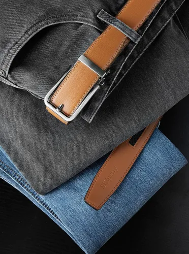 Vista 4 de Cinturones de trinquete para hombre, de cuero, cómodo, ajustable, con hebilla deslizante, para hombre, casual, trabajo, jeans, caja de regalo