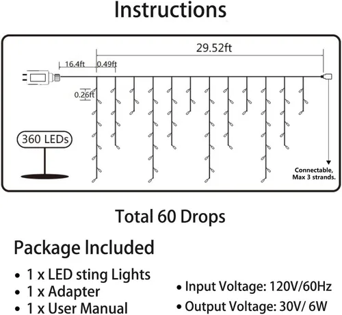Vista 3 de Toodour Luces de Carámbanos de Navidad para Exteriores, 360 LED 29.5 pies 8 Modos Luces de Hada de Carámbanos en Cadena con 60 Gotas, Luces LED