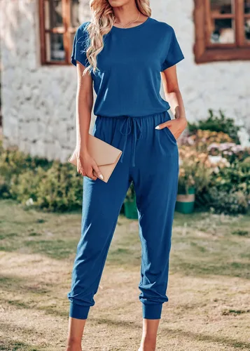 Vista 3 de KIRUNDO Overol casual de verano para mujer, de manga corta, cuello redondo, cordón, cintura elástica, con bolsillos