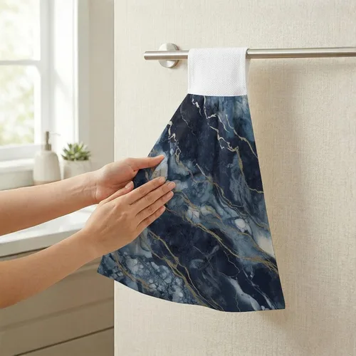 Vista 5 de Marble Navy Blue Mixed Hand Towels Set of 2, Absorbent Hanging Kitchen Towels Microfiber Fast Drying Dish Towel Wash Cloth for Home Decor