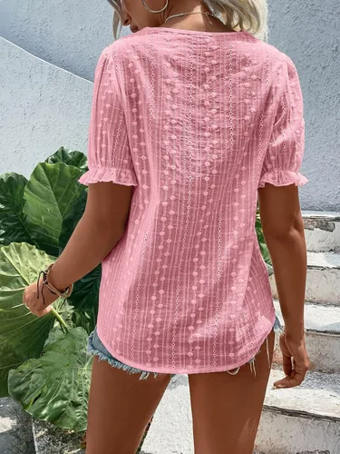 Vista 2 de MakeMeChic Blusa de manga abombada con ojales bordados para mujer, cuello en V