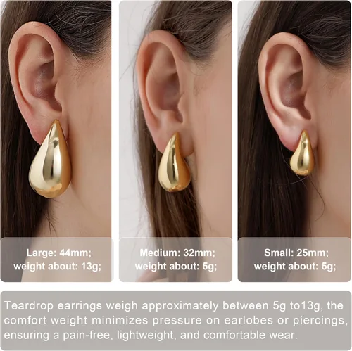 Vista 2 de Aretes de aro gruesos de oro para mujer, aretes ligeros de lágrima de plata de ley 925, aretes grandes chapados en oro, aretes de gota de agua