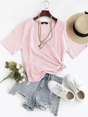 Vista 7 de MEROKEETY - Blusa de media manga con cuello en V, punto gofre y alas de murciélago para mujer, camiseta suelta de color sólido