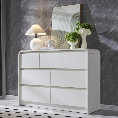 Vista 10 de Aitjunz - Cómoda moderna de 5 cajones para dormitorio, 45 pulgadas de alto, diseño de perfil curvo, cómoda vertical de madera estilo Mid-Century