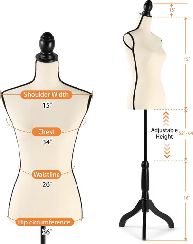 Vista 5 de Forma de vestido femenino, cuerpo de maniquí de costura, cuerpo de torso con base de madera de trípode para exhibición de ropa, exhibición de ventana
