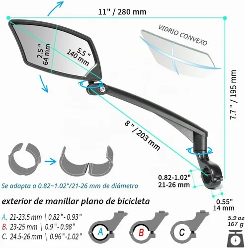 Vista 6 de Espejo de bicicleta para manillar - Cristal HD transparente, espejo ajustable y plegable de 360° para una conducción segura, gran angular