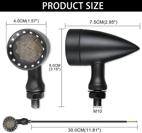 Vista 4 de DREAMIZER - Luces de señal de giro para motocicleta, color negro, 15 LEDs, diseño de bala, luces indicadoras delanteras y traseras, luz blanca y Luz