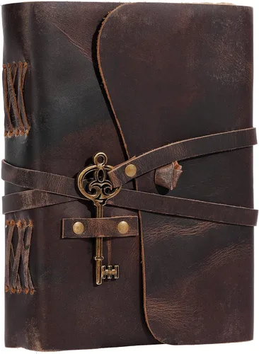 Vista 6 de Diario de cuero con papel de borde picoteado de 17,78x12,7 cm y llave vintage Cuaderno de escritura hecho a mano Cuaderno diario encuadernado