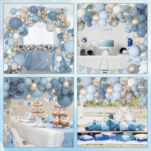 Vista 6 de Kit de Guirnalda de Arco de Globos Azul Polvoriento Ouddy Party, Diferentes Tamaños 18 12 10 5 Pulgadas Azul Polvoriento Arena Blanco Azul Bebé