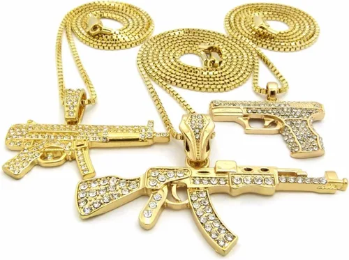 Vista 3 de Mens Iced Out ametralladora AK47Chopper, arma Uzi, pistola de mano, caja colgante, cuerda, cadena cubana, set de 3 collares con dije