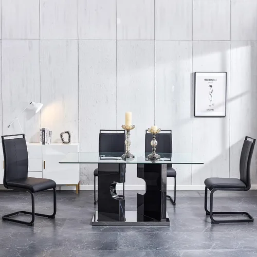 Vista 7 de Juego de 4 mesas de comedor de cristal, juego de mesa de comedor de Mesa negra+silla negra