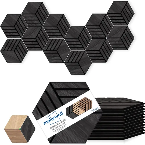 Vista 10 de Mollywell Paneles acústicos, grano de madera de PVC, azulejos de pared tallados en hexágono a prueba de sonido, fieltro autoadhesivo de alta