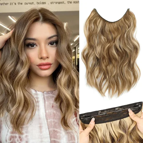 Vista 22 de Extensiones de Cabello con Alambre Invisible - Extensiones de Cabello Halo de 14 Pulgadas Largas Onduladas Postizo Sintético con Alambre