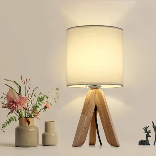 Vista 10 de HAITRAL Lámpara de Mesa de Trípode de Madera con Base Marrón, Pequeña Lámpara de Mesa Lámpara de Mesita de Noche con Pantalla de Tela de Lino