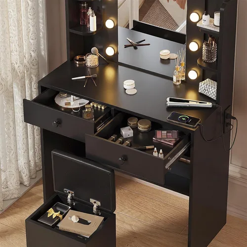 Vista 3 de Haewon Escritorio de maquillaje con espejo iluminado y juego de silla Negro