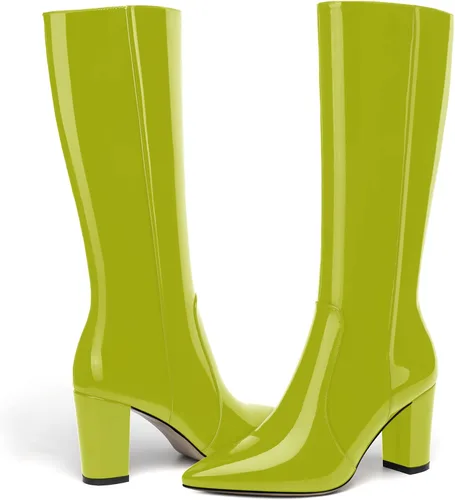 Vista 104 de AMBELIGHT Botas altas hasta la rodilla con cremallera y puntera puntiaguda para mujer, de patente sólida, tacón alto, 3.3 pulgadas