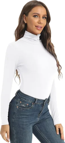 Vista 4 de Camisetas casuales de cuello alto de manga larga para mujer, ajustadas, ligeras, de capa base