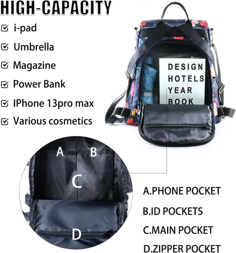 Vista 5 de Mochila para mujer, impermeable, de nailon, antirrobo, diseño de moda, grande, 15 pulgadas, convertible