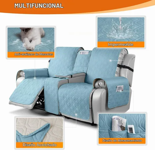 Vista 4 de VANSOFY Funda para Sofá de Dos Plazas Reclinable con Consola 100% Impermeable Fundas de Sofá Antideslizantes Funda de Sofá Reclinable Dividida Azuree