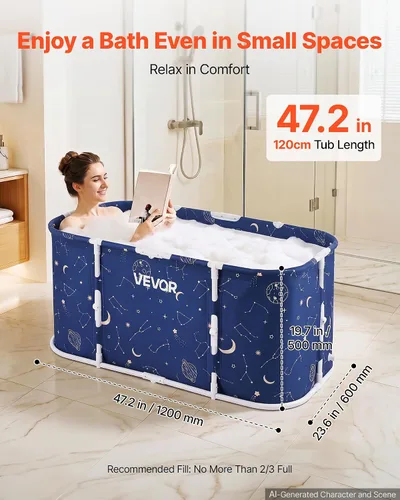 Vista 2 de VEVOR Portable Foldable Bathtub 47.2"x23.6"x19.7" Soaking for Adults Blue