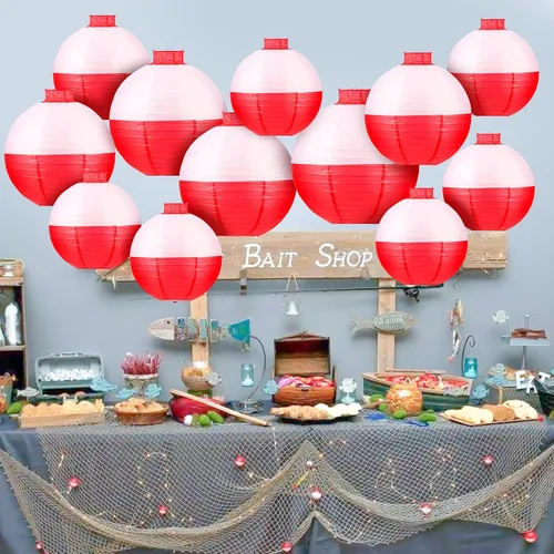 Vista 2 de Faroles de papel de pesca Bobber redondos, 12 linternas de papel colgantes rojas y blancas para pescadores, suministros de decoración de fiestas