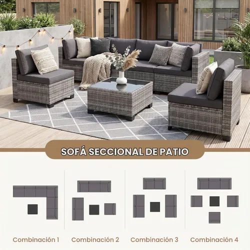 Vista 7 de FHFO Juego de muebles de patio de 7 piezas, juego de sofá seccional de 1/ Gris Gris Oscuro