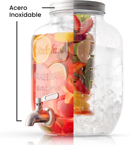 Vista 7 de Dispensador de bebidas de 1 galón. Dispensador de bebidas de vidrio con espita de acero inoxidable más cilindro de hielo e infusor de frutas.