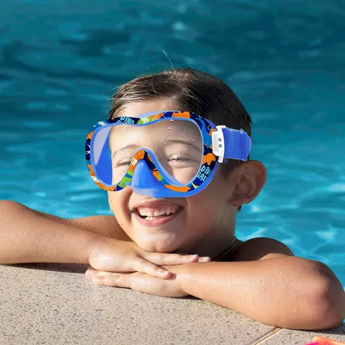 Vista 9 de Gafas de natación para niños con cubierta para la nariz, máscara de esnórquel panorámica de 180° con diseño antivaho y antifugas, correa de tela